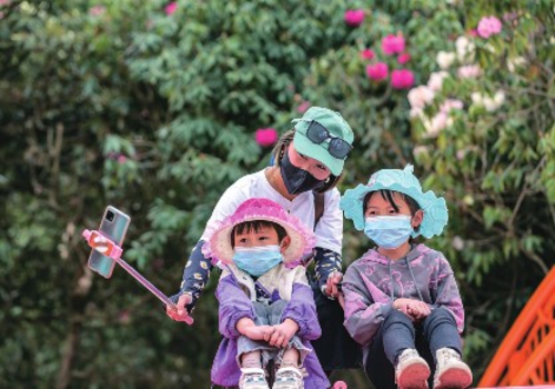 游客在贵州省毕节市百里杜鹃金坡景区赏花拍照。