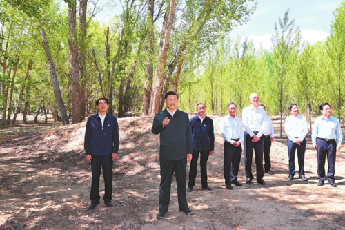 <p>6月5日至6日，中共中央总书记、国家主席、中央军委主席习近平在内蒙古巴彦淖尔考察，并主持召开加强荒漠化综合防治和推进“三北”等重点生态工程建设座谈会。这是6日上午，习近平在临河区国营新华林场考察。新华社记者谢环驰/摄</p>