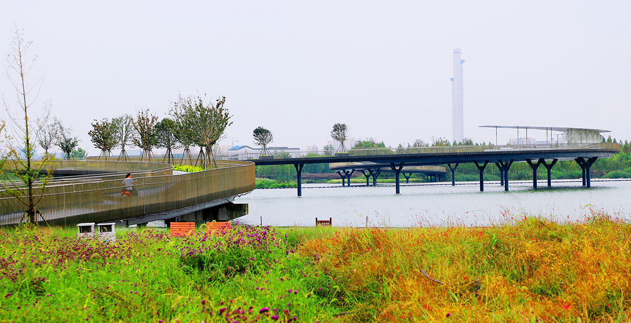 元荡慢行桥跨越元荡湖连接上海、苏州两地，为示范区内首座大型景观步行桥。