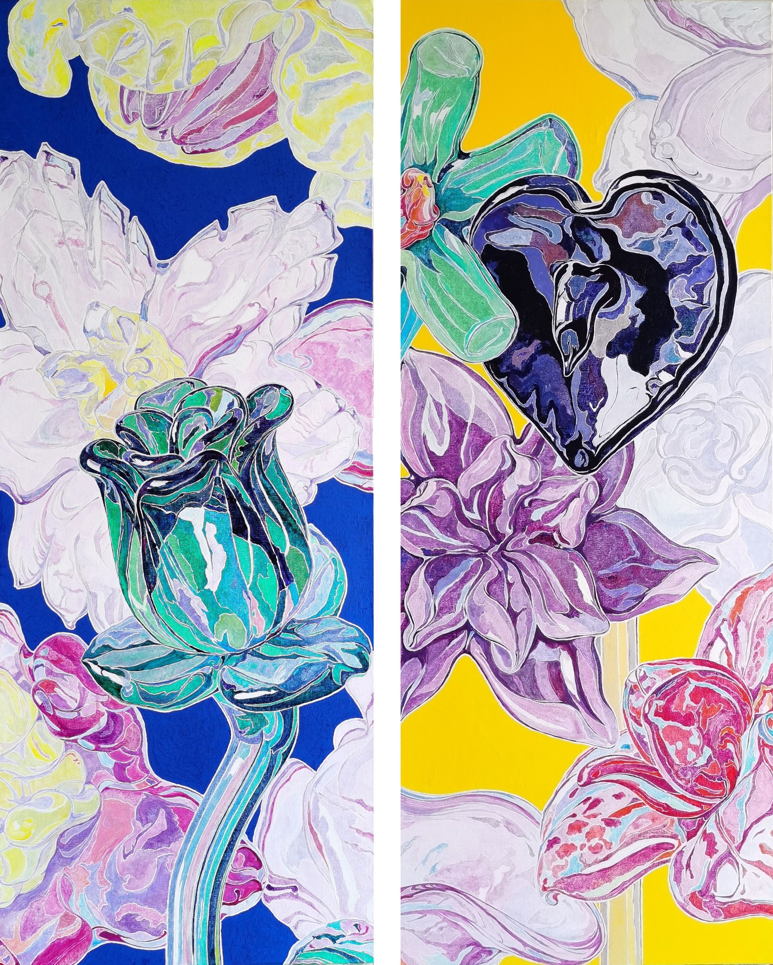 爱花图（二条屏）   布面油画